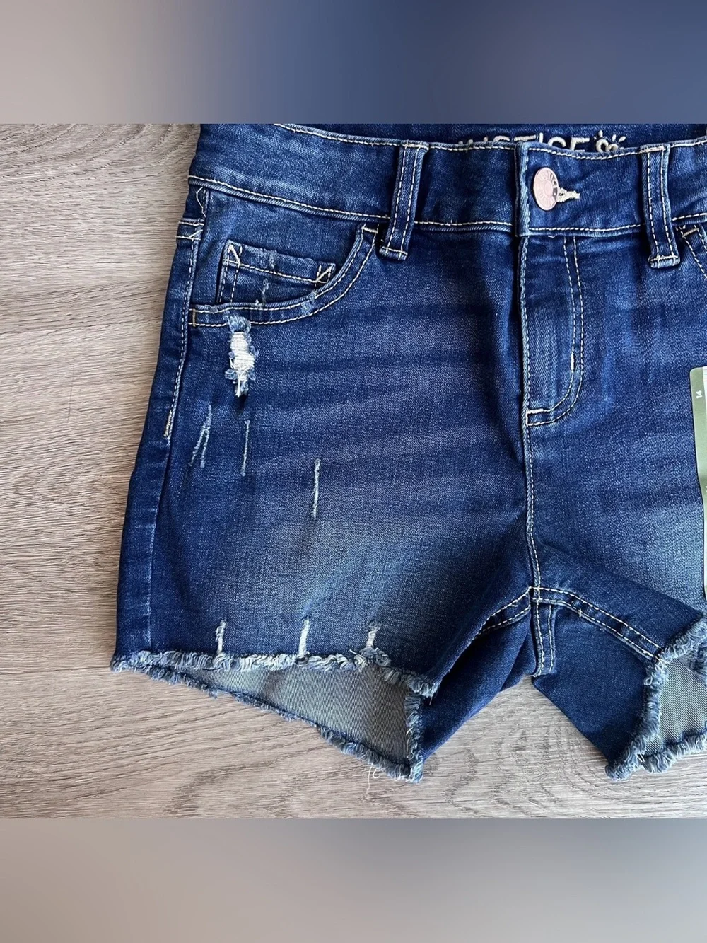 Justice Girls Distressed Classic Denim Jean Shorts Raw Hem Size 14 Soft Stretchy